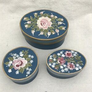 Vintage Hand-Painted Wooden‎ Boxes: Floral Trinket Jewelry Box Set